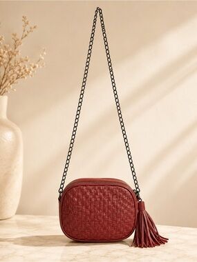 Anthropologie Burgandy Woven Leather Crossbody Bag Chain Strap